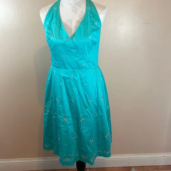 Ann Taylor teal embroidered halter lined sundress